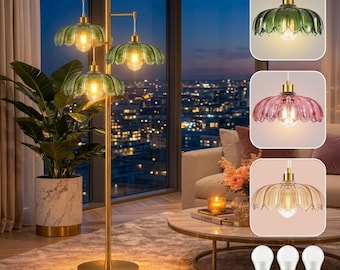 Modern Flower Floor Lamp | Gold Brass Standing Lamp | Pink Glass Shades | Available in 3 Colors