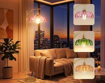 Pink Flower Arc Floor Lamp, Boho Mid-Century Stained Glass Lighting (Dimmable) Available in 3 Colors