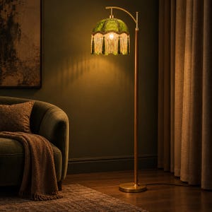 May include: A floor lamp with a slender gold-toned metal stand and a circular base. The lamp features a dome-shaped green fabric shade adorned with decorative hanging fringe trim and tassels, emitting a warm, soft glow from within.