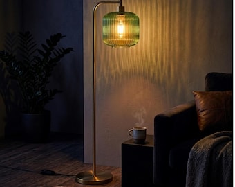 Vintage Brass Floor Lamp, Green Glass Shade, Mid Century Modern Lighting