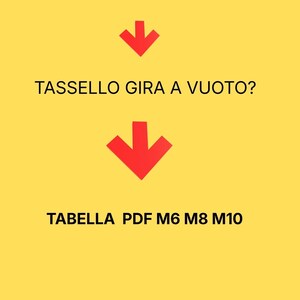 Könnte beinhalten: Gelber Hintergrund mit rotem Text und Pfeilen. Der Text lautet "FORO SBAGLIATO", "TASSELLO GIRA A VUOTO?" und "TABELLA PDF M6 M8 M10". Die Pfeile zeigen nach unten.