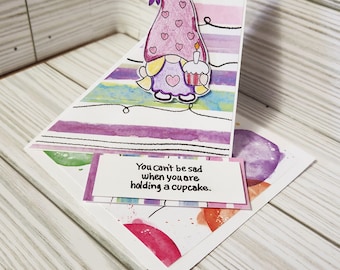 Birthday Card, Gnome Birthday Card in Pink and Purple