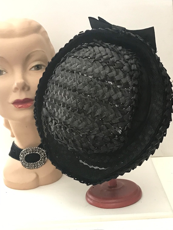 Vintage Straw Boater Hat • Ladies Black Straw Boa… - image 3