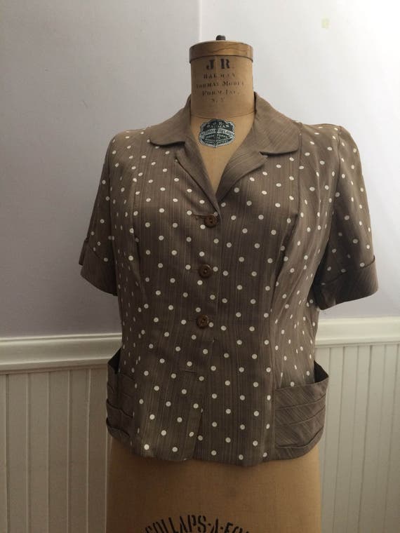 Women's Vintage Clothing / Taupe and White Polka D