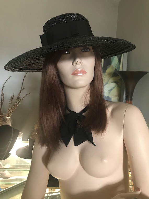 Black Straw Wide Brim Hat • Vintage Straw Hat • S… - image 8