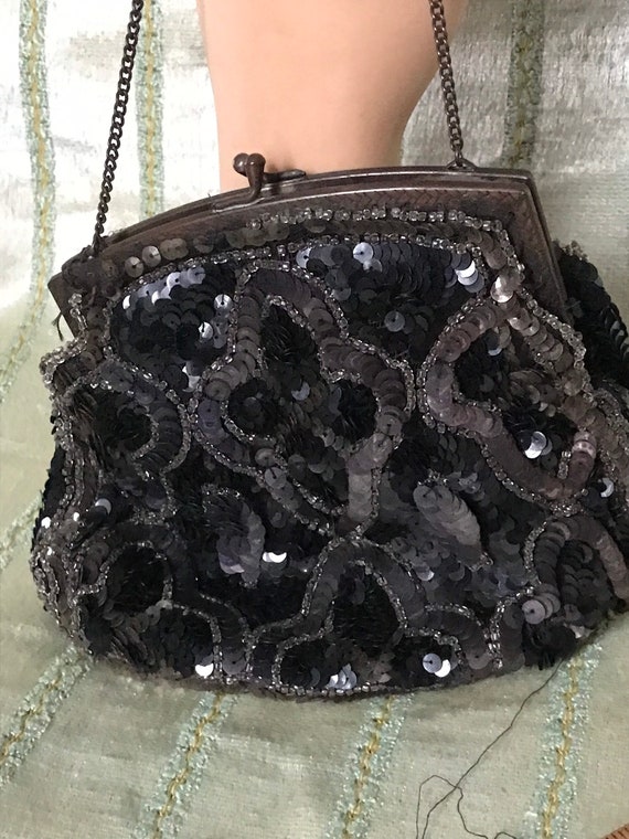 Antique Sequined Purse / Black& Gunmetal Grey Sequ