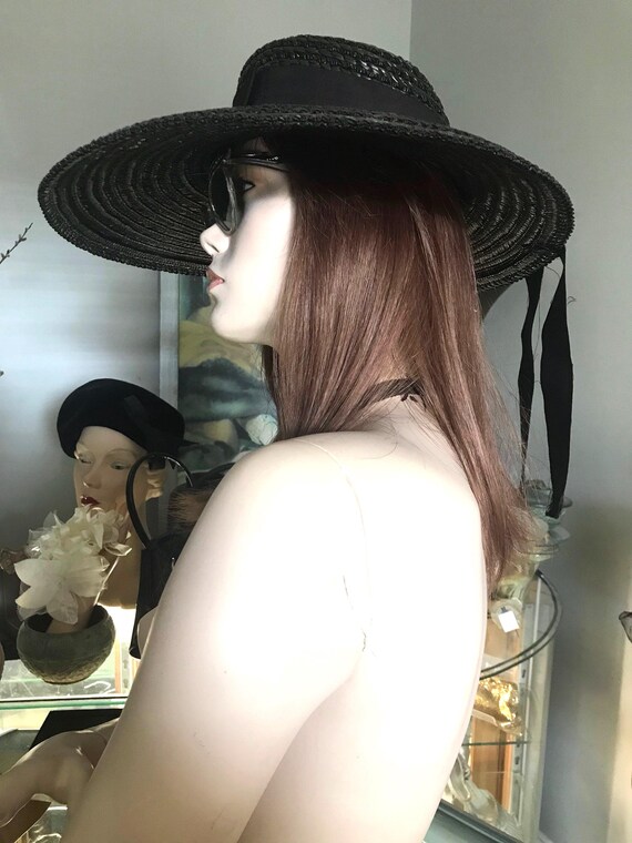 Black Straw Wide Brim Hat • Vintage Straw Hat • S… - image 4