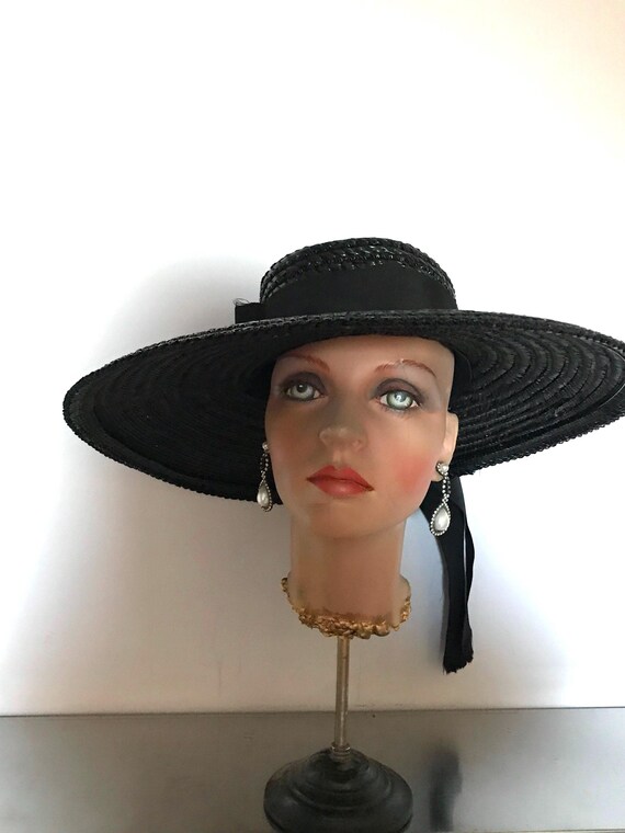Black Straw Wide Brim Hat • Vintage Straw Hat • S… - image 9