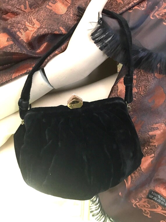 Vintage Wristlet Purse• Black Velvet Evening Purs… - image 6