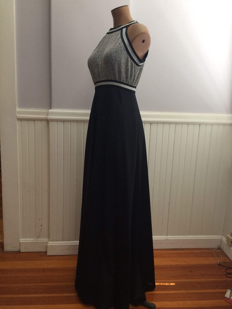 1970/'s Silver and Black Polyester Evening Halter Dress Empire Waist Polyester Maxi Dress 70/'s Prom Dress Theater Cost