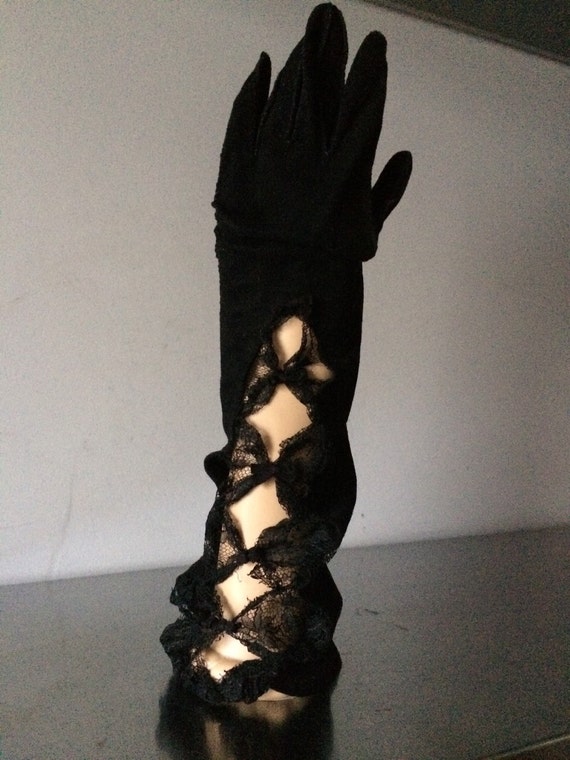 Black Suede and Lace Gloves / Elbow Length Lace an