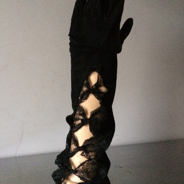 Black Suede and Lace Gloves / Elbow Length Lace and Suede Gloves