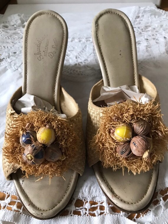 1940's Slip-on Straw Backless Mule Sandal / Tropic