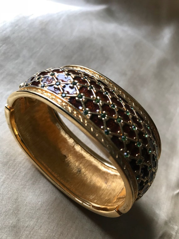 Vintage Jewelry Bracelet/ Swan Stamped -Signed Swarovski Enamel Green Crystal Stone Cuff Bracelet / 1980's Collectible Swarovski Bracelet