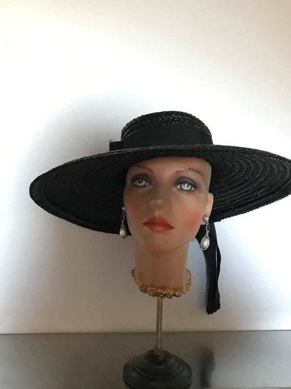 Black Straw Wide Brim Hat • Vintage Straw Hat • S… - image 9