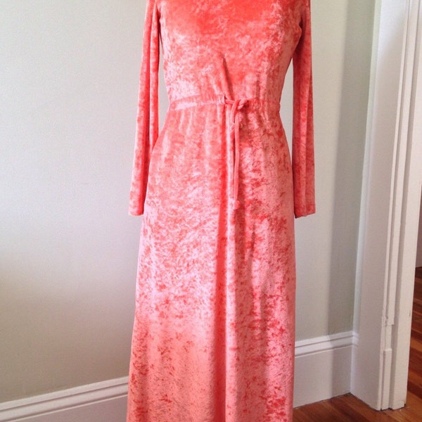 Women’s Vintage Lounge/ Niki-Lu 1970's  Petite Vintage Lounge Wear / Orange Crushed Velvet Polyester Maxi Dress / 70's Polyester Maxi Dress