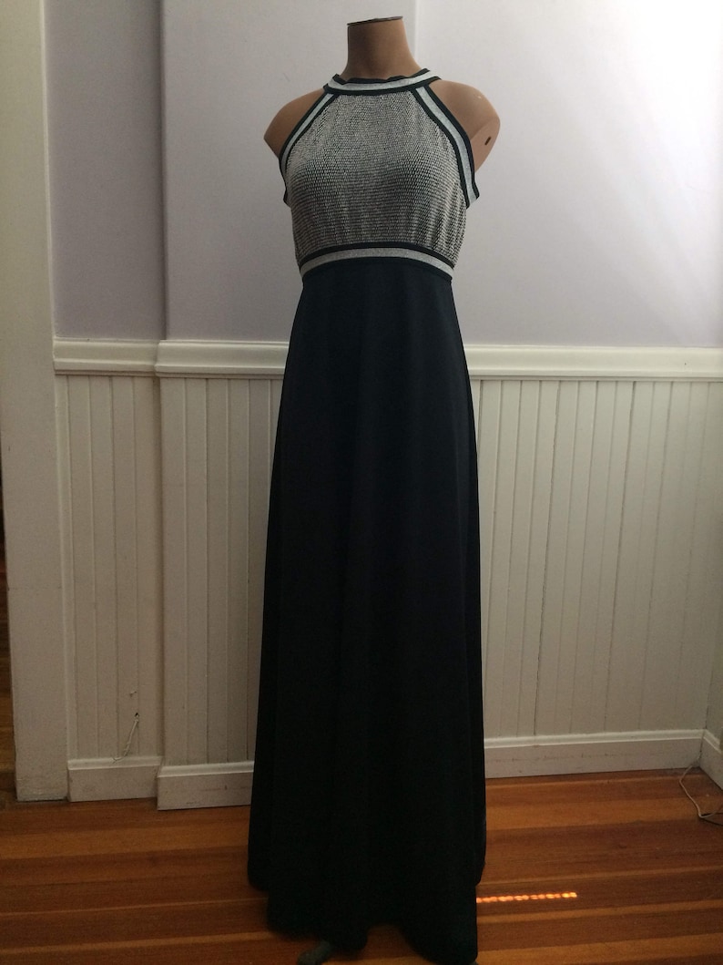 1970/'s Silver and Black Polyester Evening Halter Dress Empire Waist Polyester Maxi Dress 70/'s Prom Dress Theater Cost