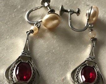 Early Screw Back Earrings / Sterling, Garnet, Faux Glass Pearl Earrings / Stering Silver Filigree Garnet Earrings