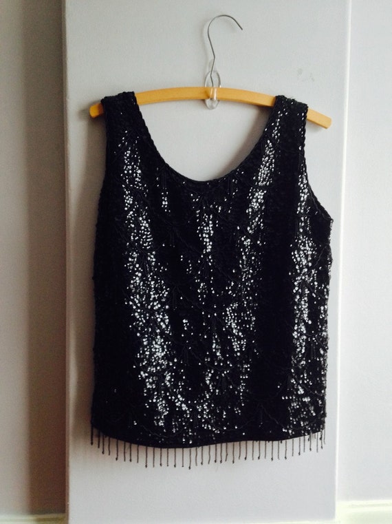 Black Sequined and Beaded Top / 1950's /60's Bead… - image 3