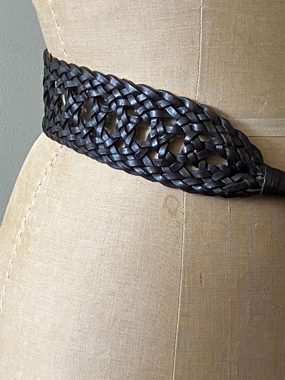 WCM Chocolate Espresso Brown Woven Leather Boho Hippie Belt WCM New York Wide Woven Brown Leather Statement Belt Size M  main image 2