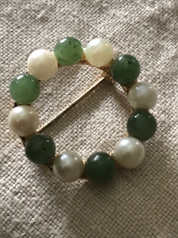 Vintage Pearl and Jade Circle Pin • 1950’s Anson C