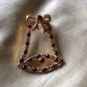 Christmas / Vintage 1980&#39;s Red and Clear Rhinestone Bell Brooch / Christmas Bell Brooch / Holiday Jewelry / Xmas Holiday Pin