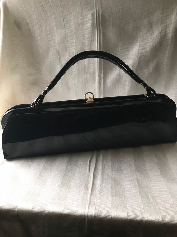 Vintage Top Handle Purse / 1960’s Sleek Black Pate
