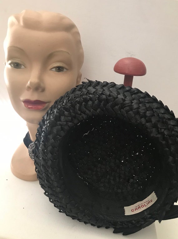 Vintage Straw Boater Hat • Ladies Black Straw Boa… - image 8