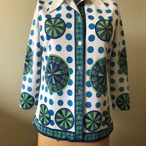 Damen 70er Jahre Vintage Polyester Bluse / 70er Polyester Mode Top / 70er Jahre Pop Art Bluse
