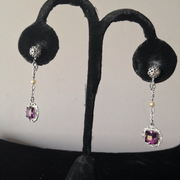 Antique Screwback Amythest and Faux Seed Pearl drop earrings.