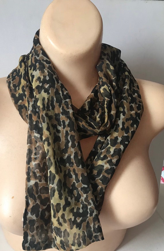 Vintage Animal Print Scarf • Rayon & Silk Leopard Print Long Scarf • Scarf Accessories