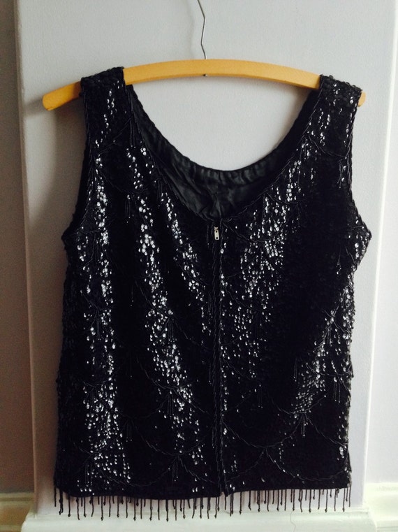 Black Sequined and Beaded Top / 1950's /60's Bead… - image 10