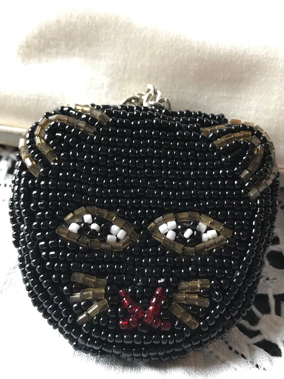 Beaded Black Cat Keychain /Hand Beaded Black Cat Face Keychain / Black Cat Collectible