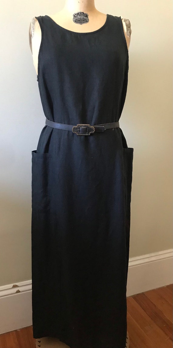 Vintage Linen Dress / Black Linen Tank Dress / Sum
