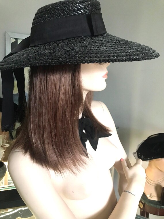 Black Straw Wide Brim Hat • Vintage Straw Hat • S… - image 3
