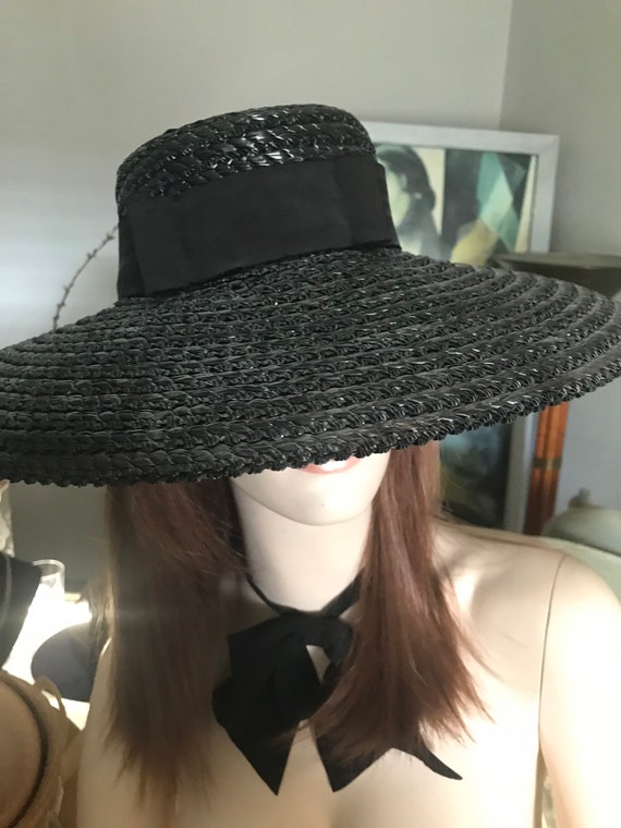 Black Straw Wide Brim Hat • Vintage Straw Hat • S… - image 5