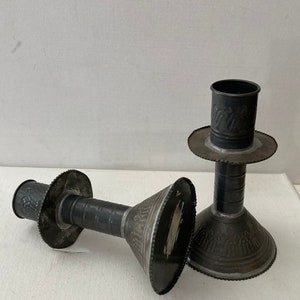 Metal Hand Tooled Candlestick Holders • Vintage Pair of Hand Made Candlesticks • Rustic Home Decor