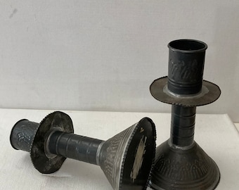 Metal Hand Tooled Candlestick Holders • Vintage Pair of Hand Made Candlesticks • Rustic Home Decor