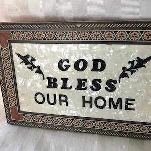 Wall Plaque/ ‘God Bless Our House’ /Wooden Inlay Wall Plaque/ 1970’s  Home Blessing Wall Decor