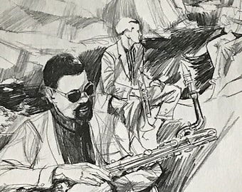 Circa 1980&#39;s Newport Jazz Festival Artist Rendered and Signed Print /Robert Pailthorpe /Rhode Island Jazz Society Signed Print