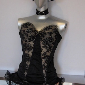 Women&#39;s Vintage Lingerie /  Circa 1950&#39;s  Black Lace Bustier/ Long Line Corset/ Pin-Up Attire / Movie Prop