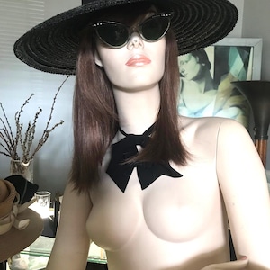 Black Straw Wide Brim Hat • Vintage Straw Hat • Summer Hat•Funeral Accessory• Summer Formal Black Straw Hat