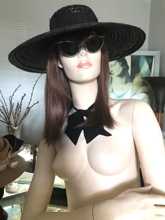 Black Straw Wide Brim Hat • Vintage Straw Hat • S… - image 1