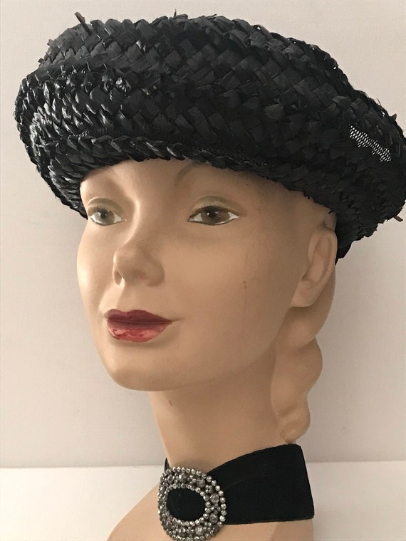Vintage Straw Boater Hat • Ladies Black Straw Boa… - image 9