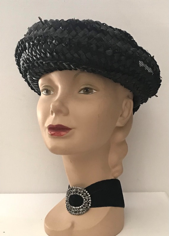 Vintage Straw Boater Hat • Ladies Black Straw Boa… - image 6