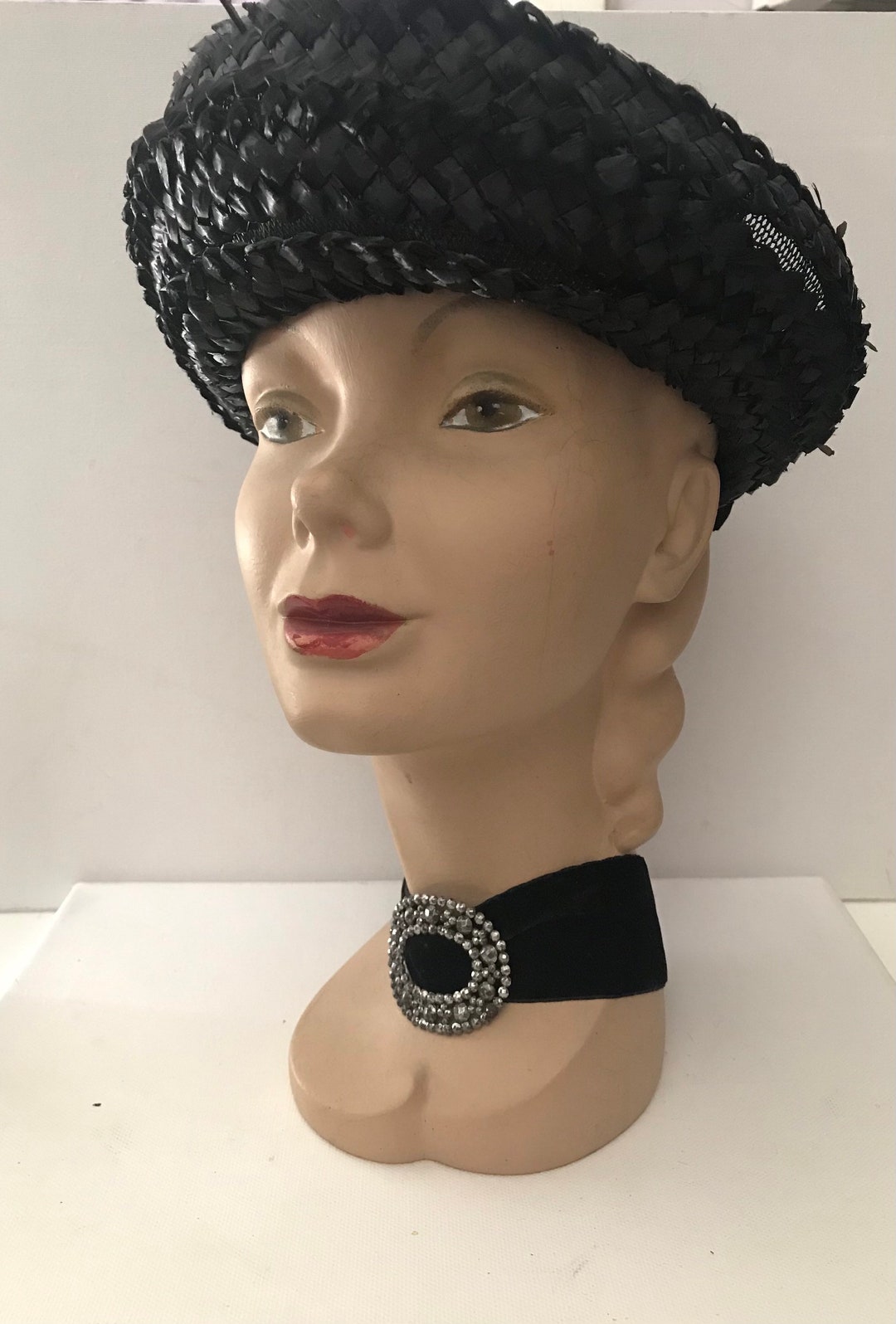 Vintage Straw Boater Hat Ladies Black Straw Boater 1950s Straw Boater