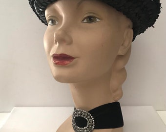 Vintage Straw Boater Hat • Ladies Black Straw Boater • 1950’s Straw Boater• Women’s Accessory• Formal Sunday Hat•Mourning Hat