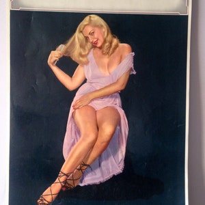 May include: A vintage pin-up style illustration of a woman with blonde hair wearing a light purple dress and black strapped heels. She is sitting with her legs crossed and looking to the side. The background is a dark blue.
