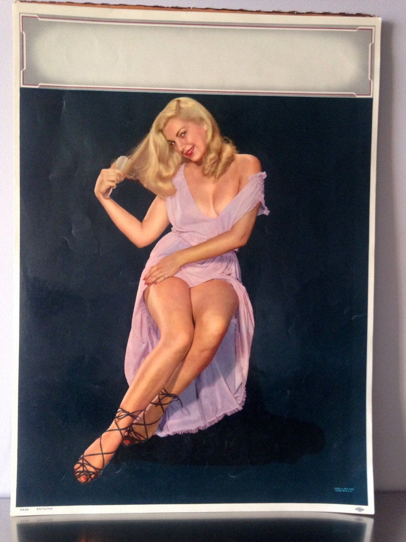 May include: A vintage pin-up style illustration of a woman with blonde hair wearing a light purple dress and black strapped heels. She is sitting with her legs crossed and looking to the side. The background is a dark blue.