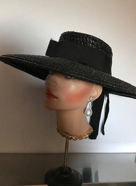 Black Straw Wide Brim Hat • Vintage Straw Hat • S… - image 10